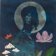 painting of male silhouette of head and torso in shades of blue, placed in front of a moon with flowers to the left and right of torso