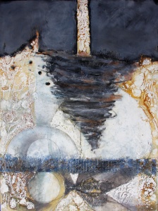 abstract encaustic work with stark contrast between dark grays and cream colors