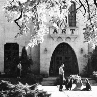 black and white photograph of a group of people standing in front of the north entry of Springville Museum of Art