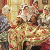 painting of pioneer women working on a quilt together, with children playing under the quilt