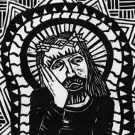 blockprint of Christ sitting, bent over, with his head supported by one hand while the other rests on his knee, wearing a crown of thorns