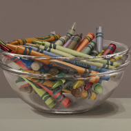 palette knife painting of a glass bowl filled with crayons