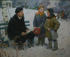 painting of Lenin in winter attire sitting on a bench, talking to two children