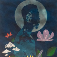 painting of male silhouette of head and torso in shades of blue, placed in front of a moon with flowers to the left and right of torso