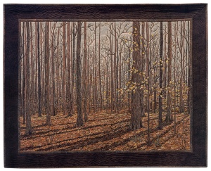 Quilted scene of a forest in late fall, with trees mostly bare
